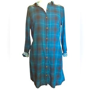 100% crinkled cotton J Jill teal and black plaid shirtdress size L